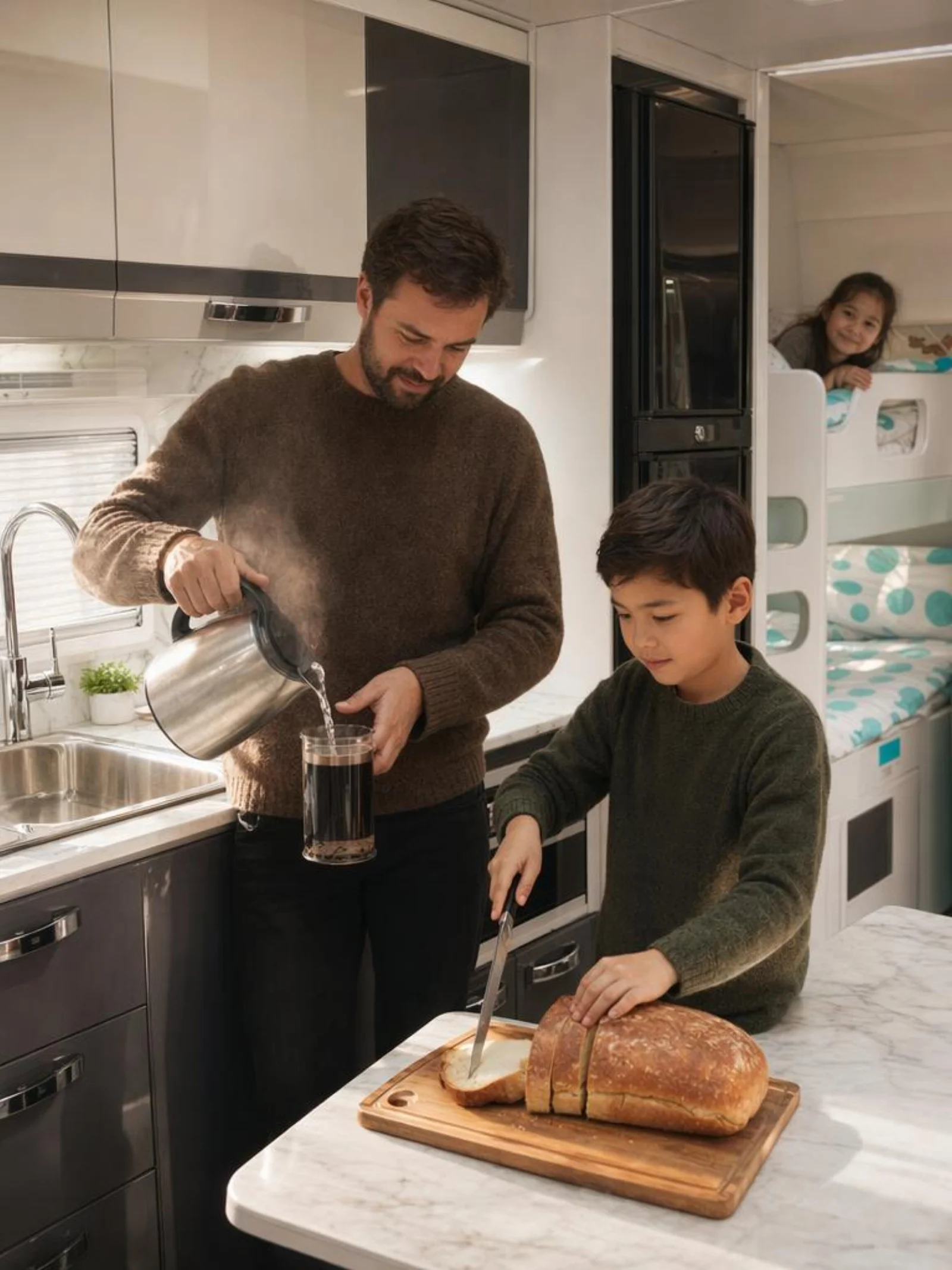 Man preparing pour-over coffee at a caravan kitchen counter, partner reading in the lounge behind