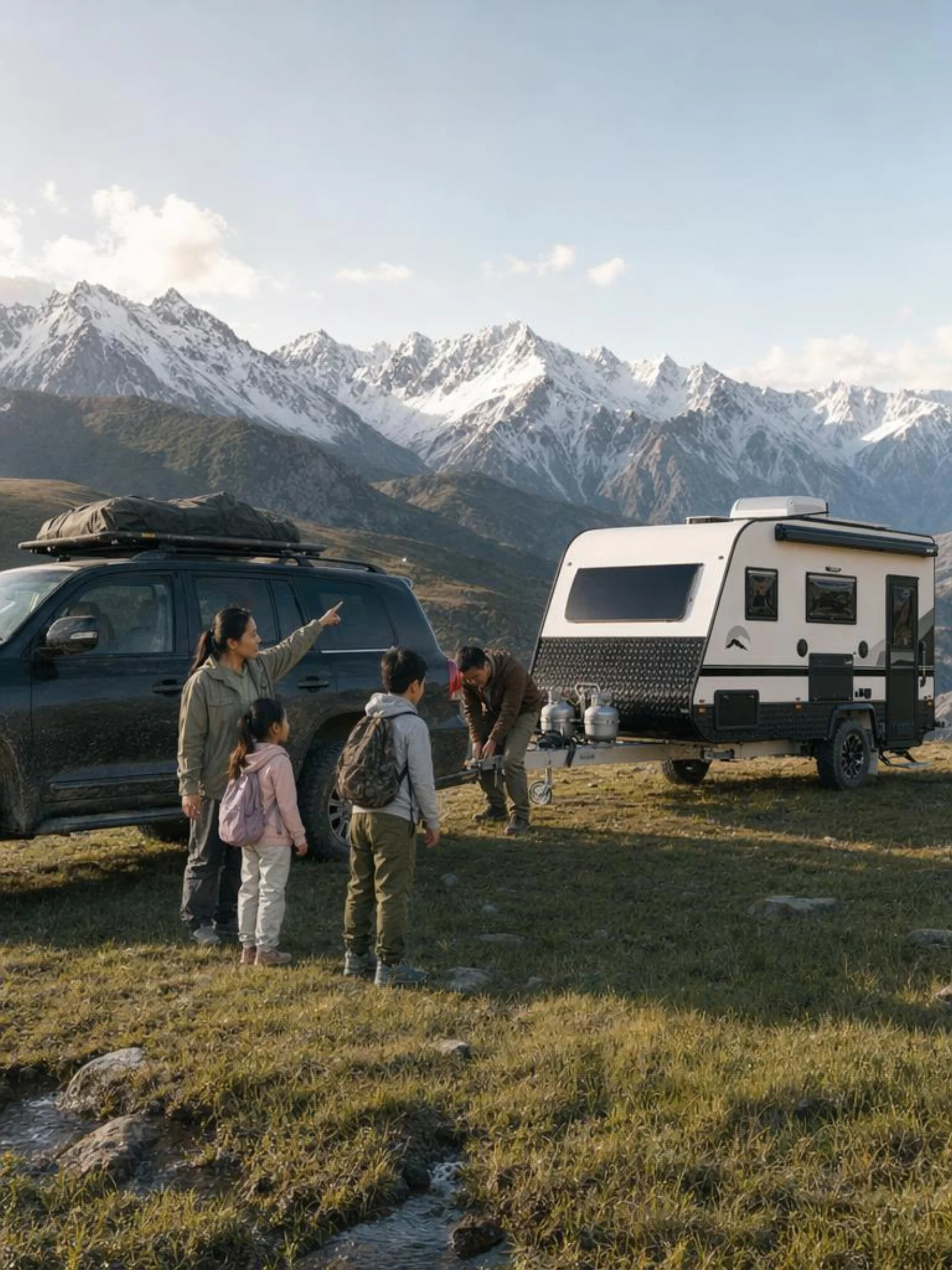 White-and-black expedition travel trailer hitched behind a matte black Land Cruiser on the Kazakh steppe at golden hour