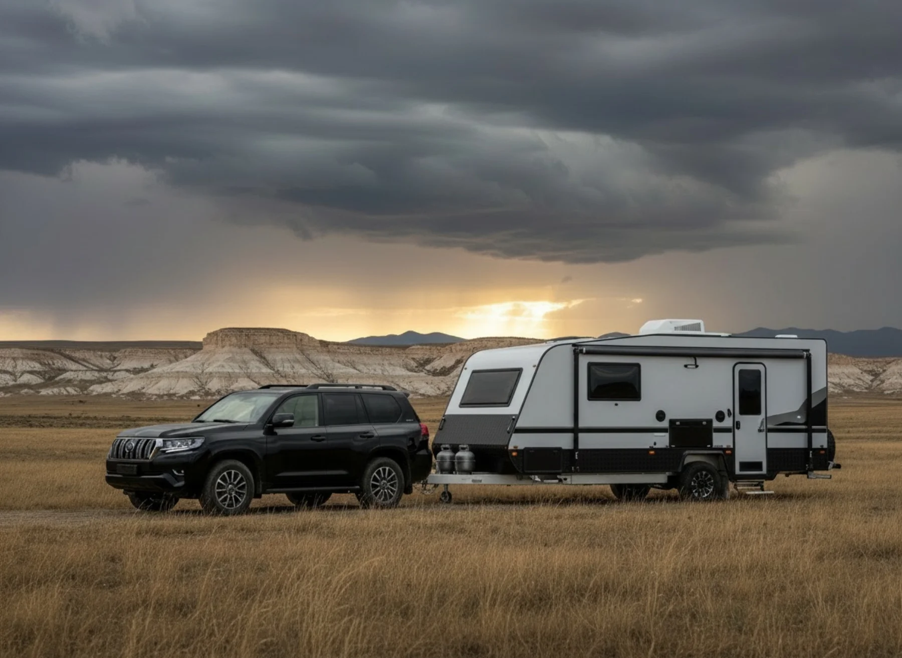 White-and-black expedition travel trailer hitched behind a matte black Land Cruiser on the Kazakh steppe at golden hour